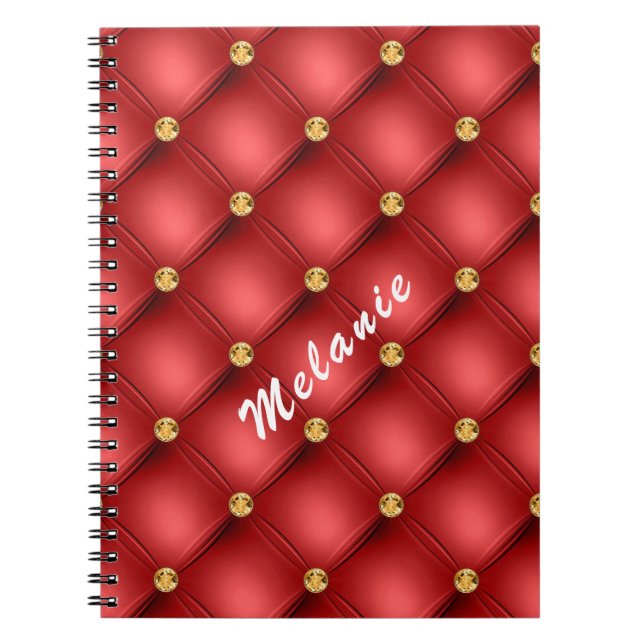 Golden Diamond Tufted Leather Your Text Name Red Notebook (Front)