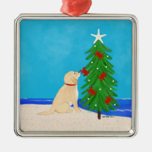 Golden Dog Wishes Square Christmas Ornament