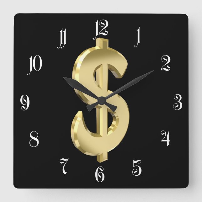 Golden dollar sign square wall clock (Front)