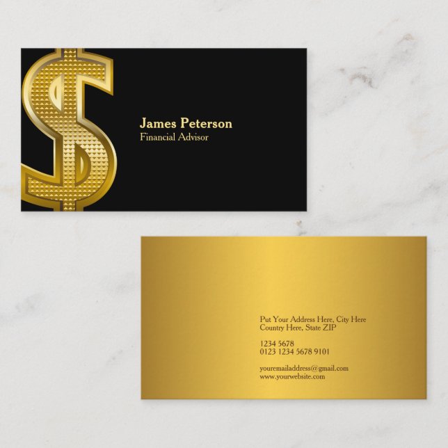 Golden Dollar Symbol | Big | Black Business Card (Front/Back)