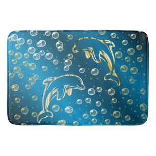 golden dolphins with golden drops of water bath mat