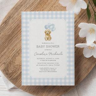 Golden Doodle Blue Gingham Baby Shower Invitation