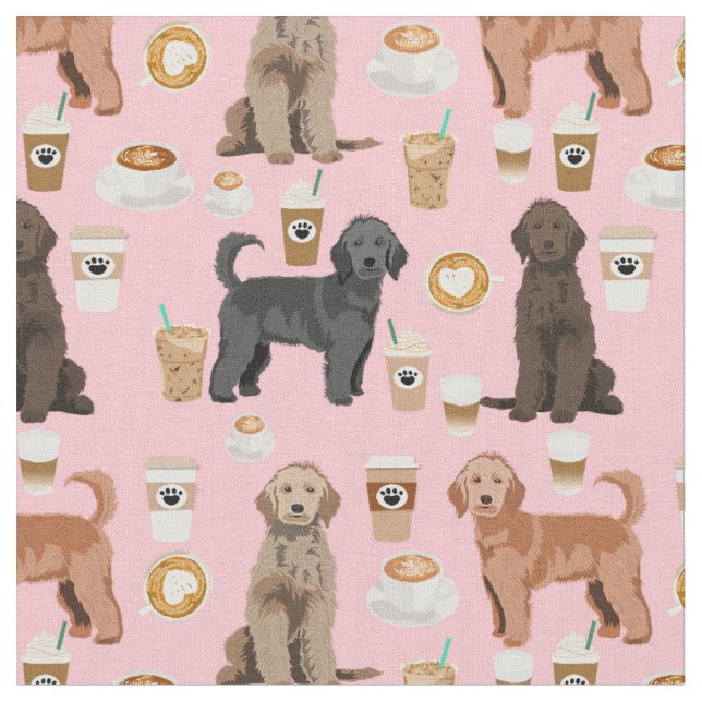 Golden Doodle cute coffee lover pink Fabric (Close Up)