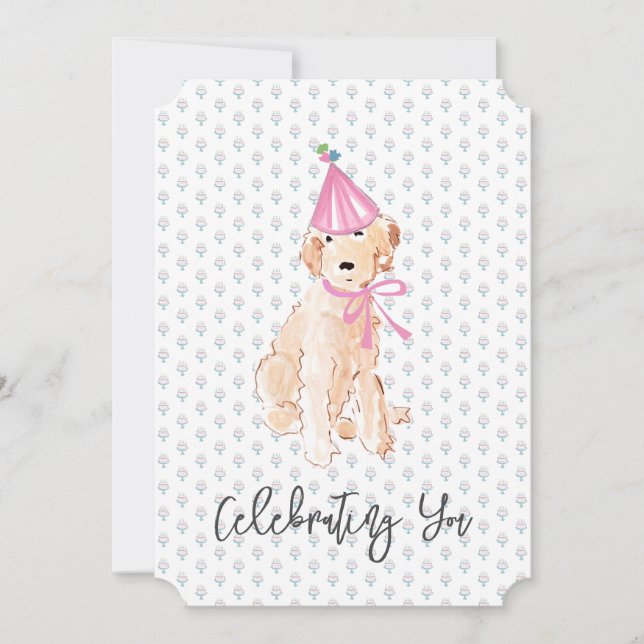 Golden Doodle Dog Birthday Cake Hat Celebrating (Front)