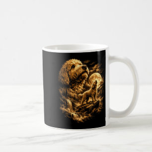 Golden doodle dog howling moon fantasy forrest coffee mug