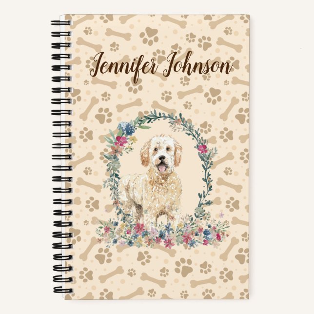 Golden Doodle Dog Paw Print & Floral Cute Notebook (Front)