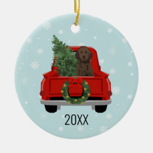 Golden Doodle Dog Red Christmas Truck Ceramic Ornament