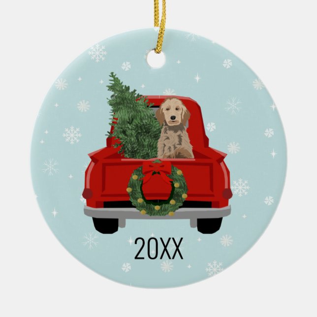 Golden Doodle Dog Red Christmas Truck Ceramic Ornament (Front)