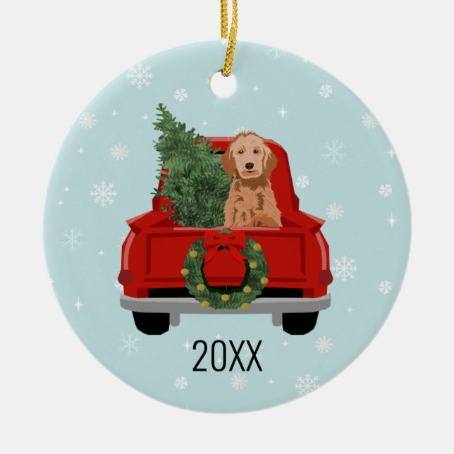 Golden Doodle Dog Red Christmas Truck Ornament (Front)