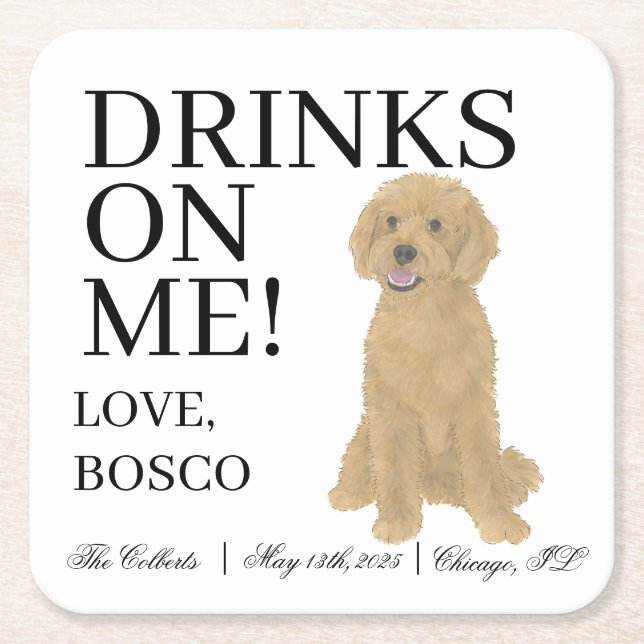 Golden Doodle Dog Wedding Square Paper Coaster (Front)