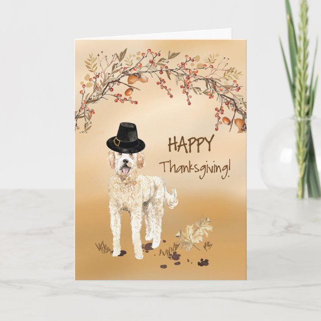 Golden Doodle Funny Pilgrim Hat Thanksgiving Card (Front)