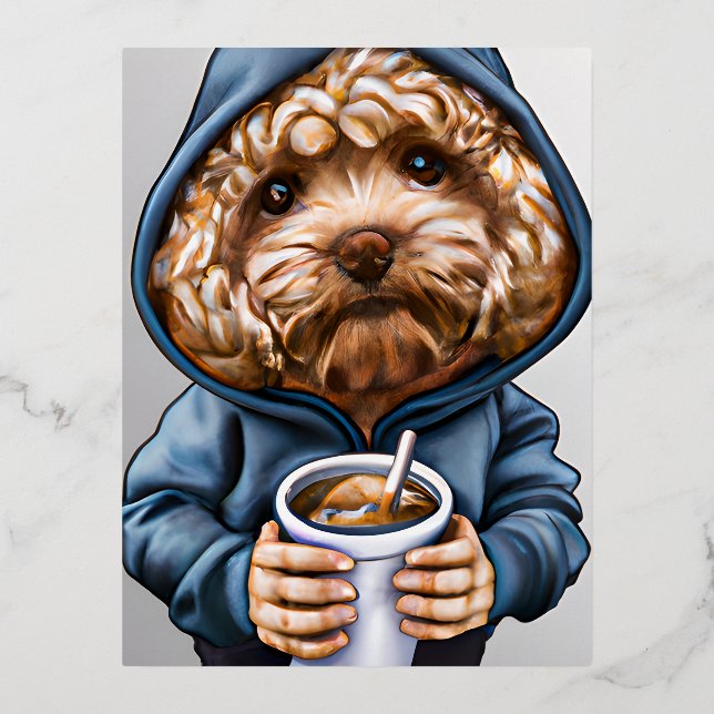 Golden Doodle in a Hoody Holding a Cup Foil Holiday Postcard (Front)