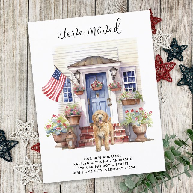 Golden Doodle Patriotic Personalised Dog Moving Announcement Postcard (Creator Uploaded)