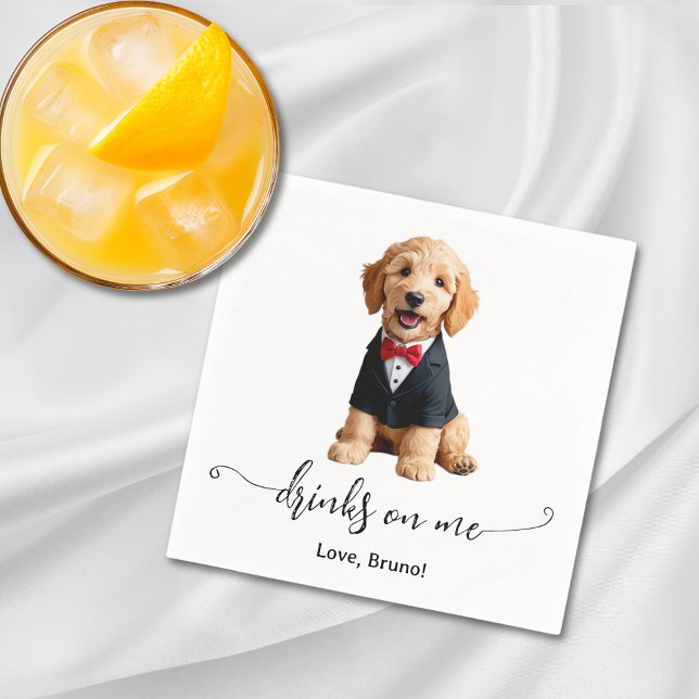 Golden Doodle Puppy Drinks On Me Dog Wedding Napkin (Golden Doodle Puppy Drinks On Me Dog Wedding Napkins)