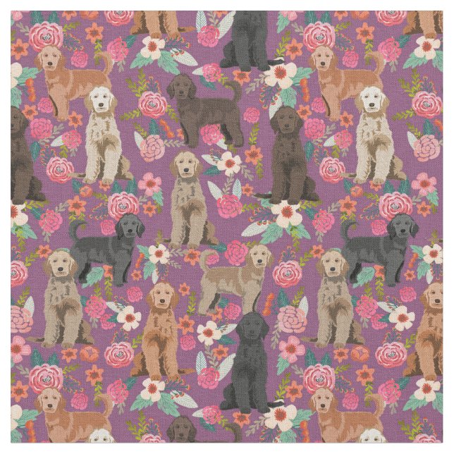 Golden Doodles vintage floral purple Fabric (Close Up)