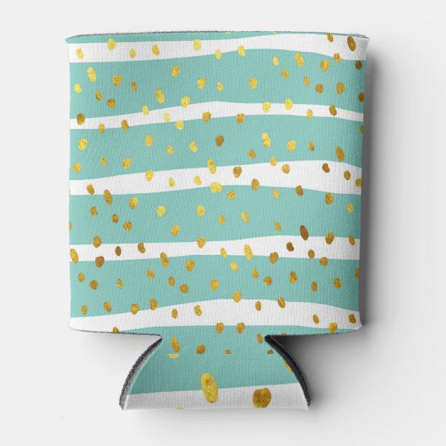 Golden Dots and Stripes: Elegant Pattern Can Cooler (Front)