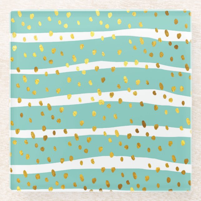 Golden Dots and Stripes: Elegant Pattern Glass Coaster (Front)