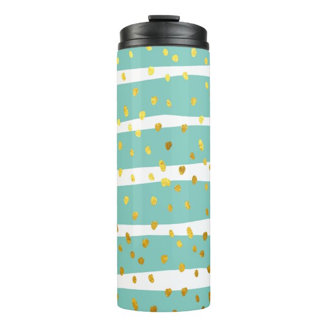 Golden Dots and Stripes: Elegant Pattern Thermal Tumbler (Front)