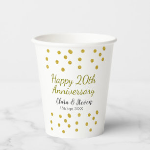 Golden dots glitter happy 20th anniversary wedding paper cups