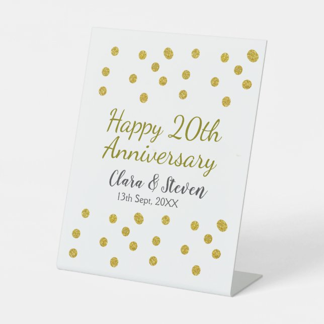 Golden dots glitter happy 20th anniversary wedding pedestal sign (Front)