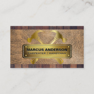 Golden Double Hammers   Wood Leather Business Card
