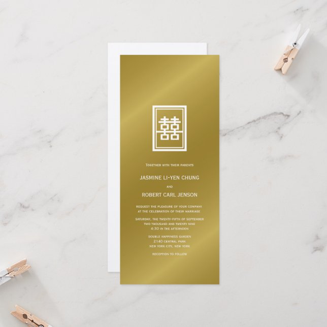 Golden Double Happiness Classic Chinese Wedding Invitation (Front/Back In Situ)