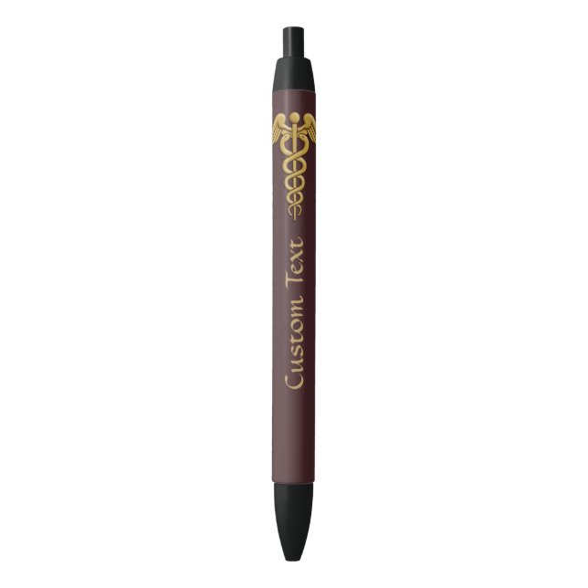 Golden Double Snake Caduceus Black Ink Pen (Front Vertical)