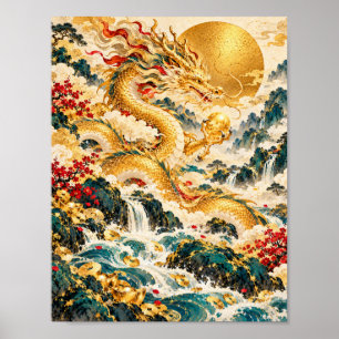 Golden Dragon Asian Inspired Fantasy Art Poster