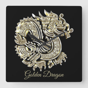 Golden Dragon Black and Gold Elegant Add Name Square Wall Clock