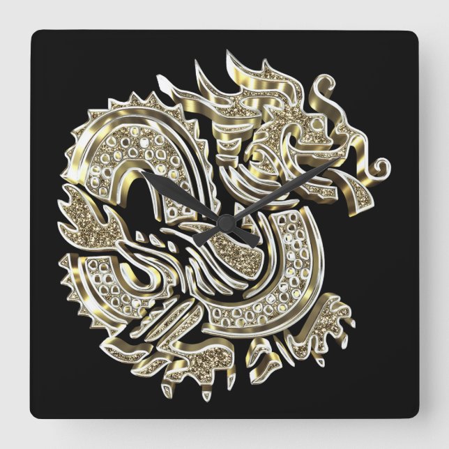 Golden Dragon Black and Gold Elegant Square Wall Clock (Front)