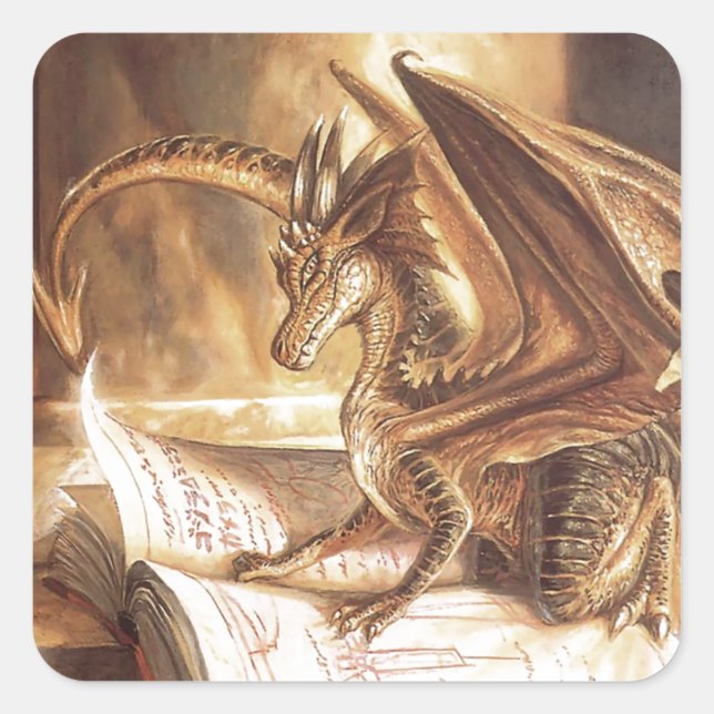 Golden Dragon Book Reading Square Sticker (Front)