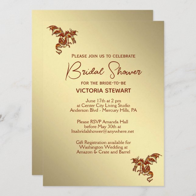 Golden Dragon Fantasy Bridal Shower Invitation (Front/Back)