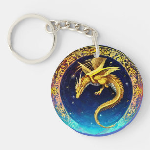 Golden Dragon in Cosmic Sky Key Ring