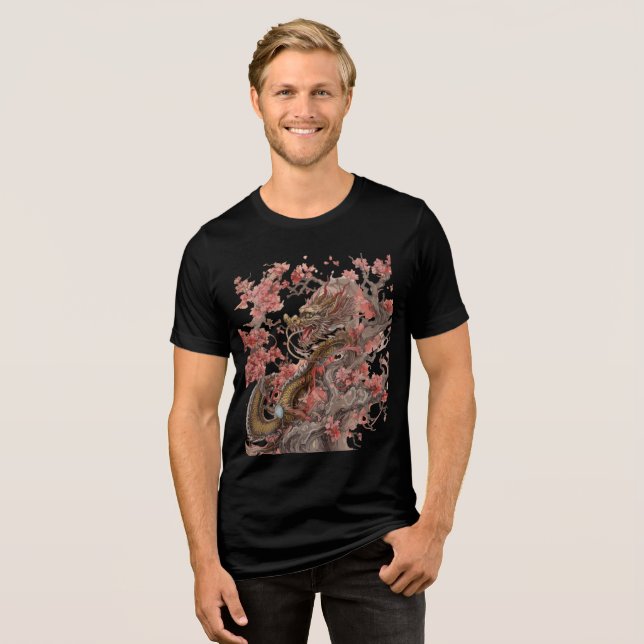 Golden Dragon in Sakura Tree Artwork Tri-Blend Shirt (Front Full)