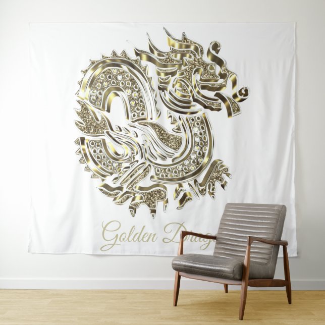 Golden Dragon Logo Faux Gold Foil Elegant Tapestry (In Situ (Horizontal))