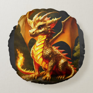 "Golden Dragon Majesty Round Pillow" Round Cushion