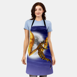 Golden Dragon Mythical Fantasy Creature Purple Sky Apron