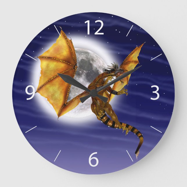 Golden Dragon Mythical Fantasy Creature Purple Sky Large Clock (Front)