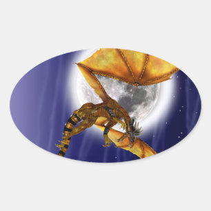 Golden Dragon Mythical Fantasy Creature Purple Sky Oval Sticker