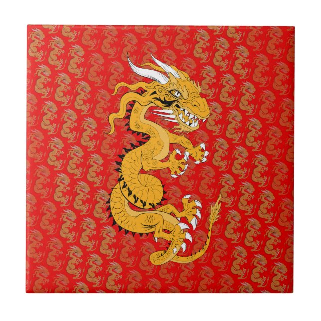 Golden Dragon on Red Ceramic Tile (Front)