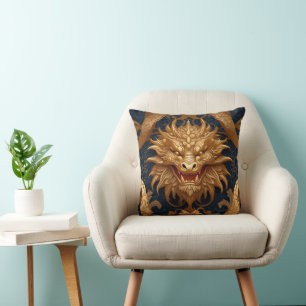 Golden Dragon Portrait on Deep Blue Cushion
