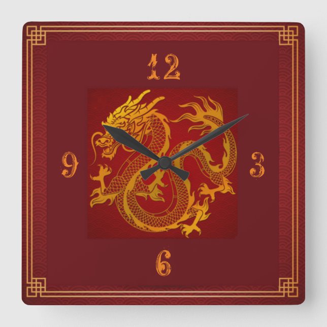 Golden dragon square wall clock (Front)