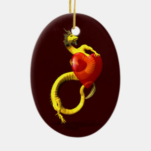 Golden Dragon With Big Red Heart Ceramic Tree Decoration