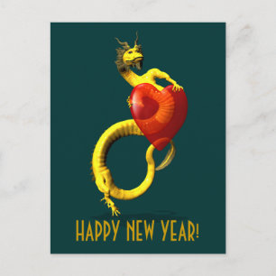 Golden Dragon With Big Red Heart Holiday Postcard