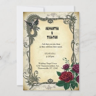 Golden Dragon with Roses Steampunk Vintage Wedding Invitation