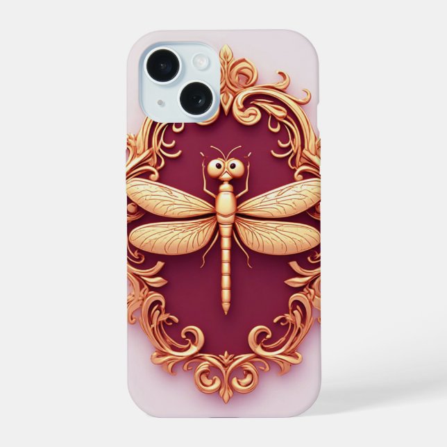 Golden Dragonfly Emblem Within Ornate Baroque iPhone 15 Case (Back)