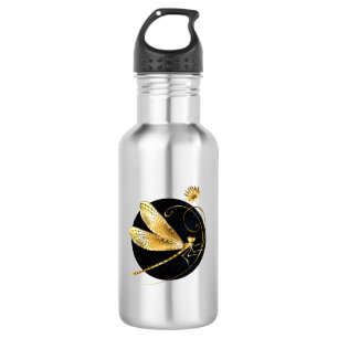 Golden dragonfly in black circle 532 ml water bottle