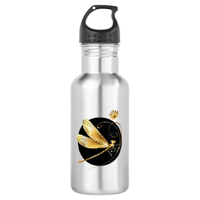 Golden dragonfly in black circle 532 ml water bottle (Front)