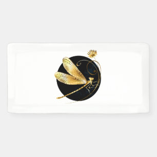 Golden dragonfly in black circle banner