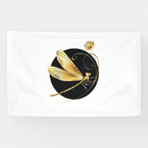 Golden dragonfly in black circle banner